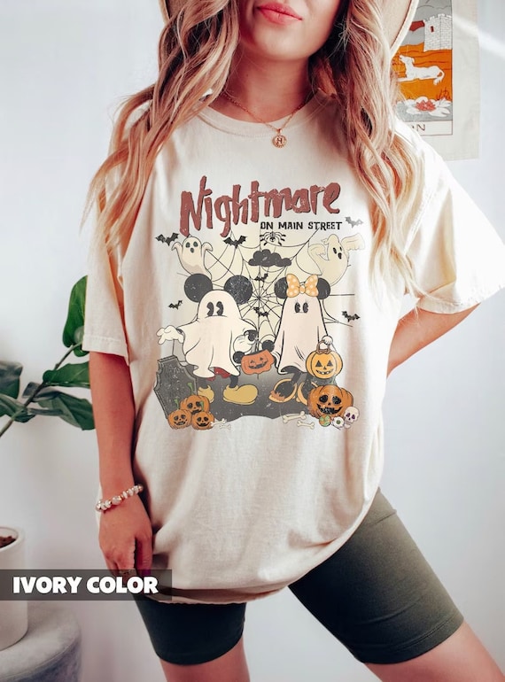 Camicia vintage di Halloween Topolino Minnie, Incubo sulla strada principale, Camicia Disney Halloween, Maglietta zucca di Halloween, Camicia