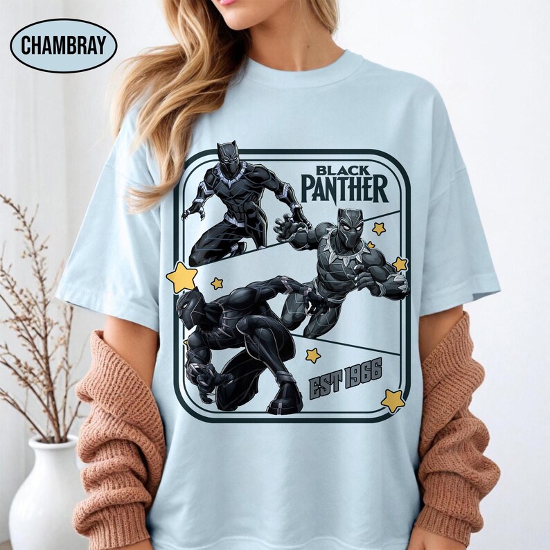 Puede incluir: Camiseta azul claro con un dise&ntilde;o gr&aacute;fico de Black Panther en poses de acci&oacute;n. El dise&ntilde;o incluye el texto "BLACK PANTHER" y "EST 1966" dentro de un marco rectangular, con estrellas amarillas. La camiseta tiene cuello redondo y mangas cortas.