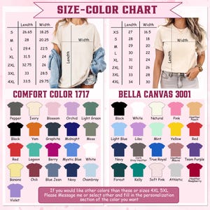 Puede incluir: Tabla de tallas y colores para camisetas, con Comfort Color 1717 y Bella Canvas 3001. Incluye medidas de largo y ancho en cm para las tallas XS a 4XL. Se muestran una variedad de colores, incluyendo negro, blanco y rojo.