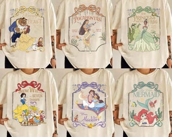 Camiseta de princesas Disney con lazos Coquette, colores cómodos, Tiana, Ariel, Elsa, Rapunzel, Bella y Jasmine, princesas Disney.