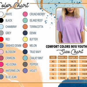 May include: A size chart for youth t-shirts with measurements in inches. The chart shows sizes XS to XL with corresponding width, length, and sleeve length measurements. The chart is titled "COMFORT COLORS 9018 YOUTH TEE Size Chart".