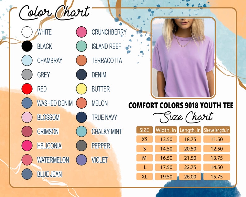 May include: A size chart for youth t-shirts with measurements in inches. The chart shows sizes XS to XL with corresponding width, length, and sleeve length measurements. The chart is titled "COMFORT COLORS 9018 YOUTH TEE Size Chart".