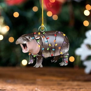Cute Moo Deng Christmas Acrylic Ornament, Moo Deng Ornament, Funny Hippo Christmas Ornament, Cute Baby Hippo Meme Ornament
