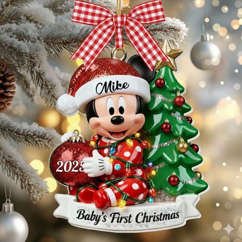 Personalised Mickey & Minnie Mouse Christmas Card – For Grandson Or Granddaughter – Green – MOglie UK Handmade