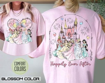 Camisa de dos caras de la princesa de Disney, camisa del castillo de la princesa, camisa de cumpleaños de la princesa, camisa de viaje de las niñas, camisa de la oreja de Minnie, felices para siempre