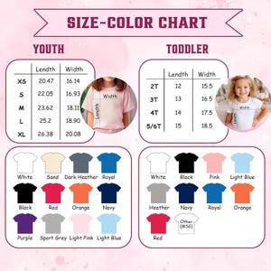 May include: A size and colour chart for youth and toddler t-shirts. The chart includes measurements in inches for various sizes, along with a colour palette featuring white, black, red, and other colours. The text "SIZE-COLOUR CHART" is at the top.