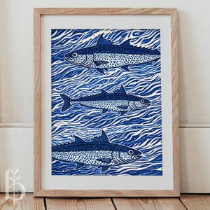 Sardines Wall Art Print | Retro Fish Poster with Blue Wave Background | Eclectic Kitchen Decor | Nautical Coastal Digital Download
