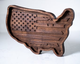American Flag USA Map Catch Tray | Wood Valet Tray | Black Walnut
