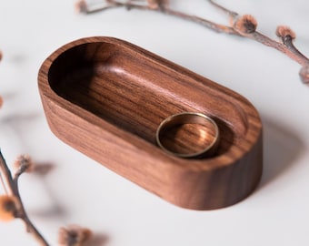 Walnut Oval Ring Tray • Minimalist Jewelry Dish • Wooden Decor Accent