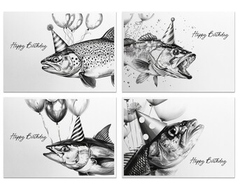 Fishing Birthday Card Set - Funny Pun - 4 Cards - Trout, Bass, Tuna, Cod - Humorous Joke Card