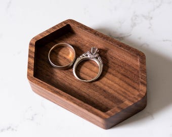 Walnut Hexagon Ring Dish • Christmas Gift for Her • Geometric Jewelry Tray