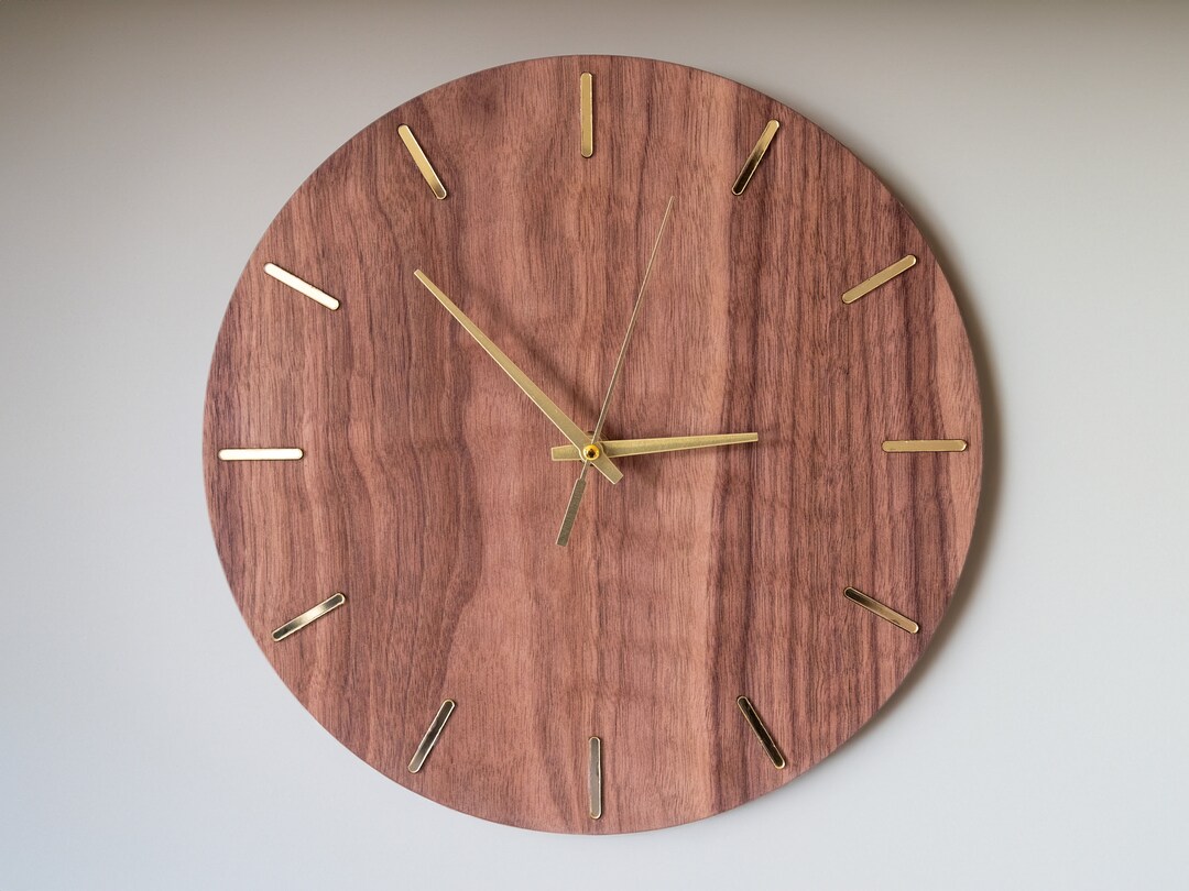 Wood Wall Clock Walnut Modern Minimalist Design Gold Accents - Etsy