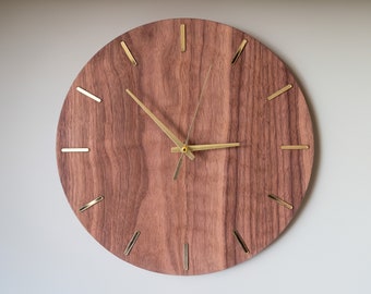 Wood Wall Clock | Walnut | Modern Minimalist Design | Gold Accents