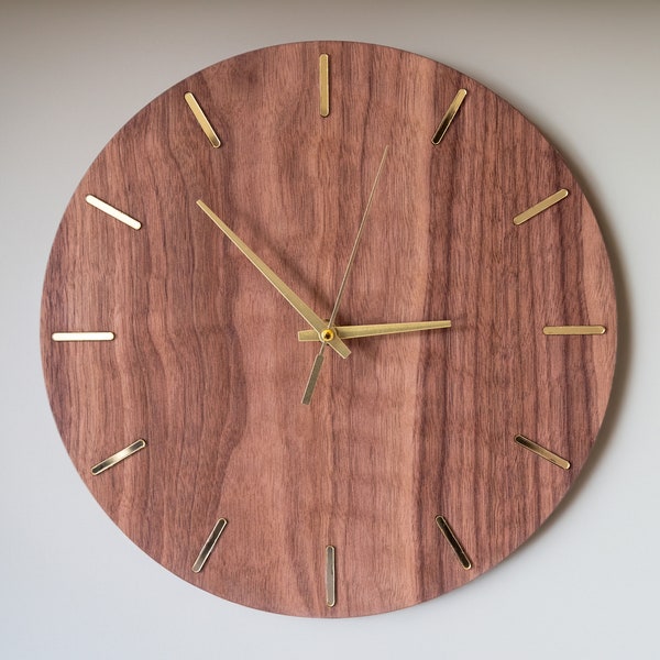 Wood Wall Clock | Walnut | Modern Minimalist Design | Gold Accents