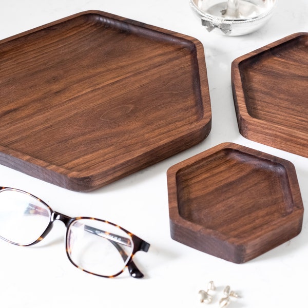 Hexagon Black Walnut Catchall Tray | Various Sizes | Wood Valet Organizer