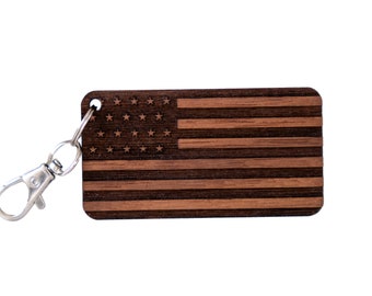 American Flag USA Walnut Wood Keychain