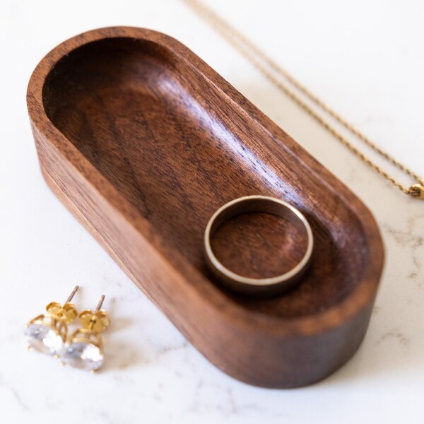 Small Wood Oval Ring Tray | Black Walnut | Anniversary Gift | Tiny Ring Holder