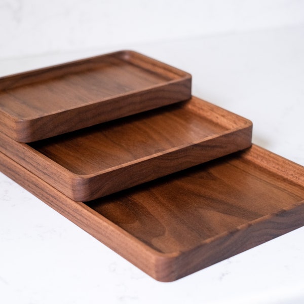 Black Walnut Wood Trays | Stackable Slim Design | Modern Hardwood Valet & Catch All Decor