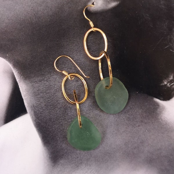 Green sea glass earrings - sea glass from Mediterranean - Brass and sea glass earrings - Barcelona made earrings - Summer Jewelry