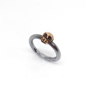 Oxidized Sterling Silver Ring with Golden Bronze Skull