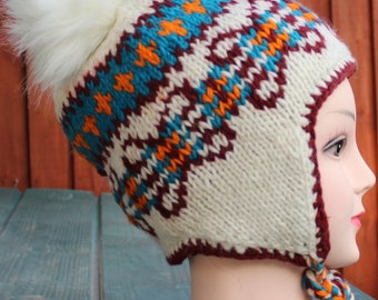 Wool Hat Gift Sherpa Hand Knit Earflap Ski Extra Warm Fleece Lined eye catching design Wollen Tassel Cap