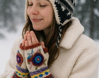 Hand-Knitted Wool Beanie Hat: Sherpa Fleece Lined, Earflap Tassel Cap