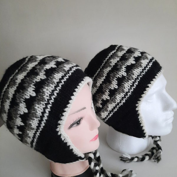 Cadeau bonnet en laine Sherpa tricoté à la main, protège-oreilles de ski, très chaud, doublure en polaire, design unique, design unique, casquette en laine à pampilles