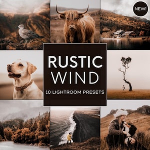 Puede incluir: Una colección de 10 ajustes preestablecidos de Lightroom llamados "Rustic Wind" para editar fotos. Los ajustes preestablecidos están diseñados para dar a las fotos un aspecto cálido, rústico y vintage. La imagen muestra una variedad de fotos que se han editado con los ajustes preestablecidos, incluyendo una vaca de las tierras altas, un lago, un perro, un bosque y una playa.