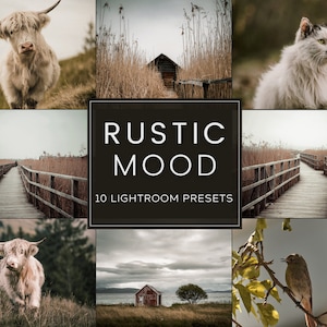 Puede incluir: Un collage de imágenes que muestran un ambiente rústico con una vaca blanca, un gato, una pasarela de madera, una pequeña cabaña de madera y una cabaña roja en un campo. El texto "RUSTIC MOOD 10 LIGHTROOM PRESETS" se muestra en el centro del collage.
