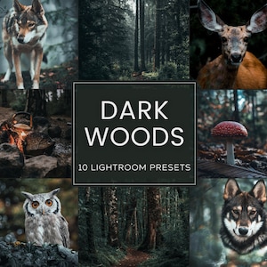Könnte beinhalten: Ein Set mit 10 Lightroom-Presets namens "Dark Woods", um Fotos zu bearbeiten und einen stimmungsvollen, dunklen und atmosphärischen Look zu erzeugen. Die Presets wurden entwickelt, um die Farben und Töne von Fotos zu verbessern, die in Wäldern, Waldgebieten und anderen natürlichen Umgebungen aufgenommen wurden.