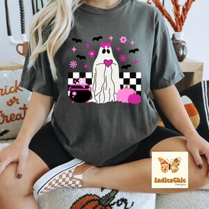 Pink Ghost Checkered PNG, Halloween PNG, Sublimation Design, Fall, Clipart, Ghosts, Spooky Sublimation, Women Shirt, Retro Png Design
