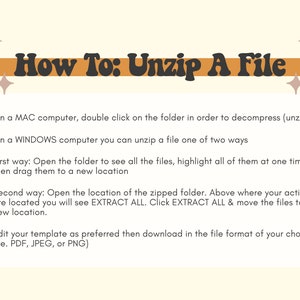 May include: A brown and orange graphic with the text "How To: Unzip A File" in bold, white letters. The graphic provides instructions on how to unzip a file on a Mac or Windows computer.
