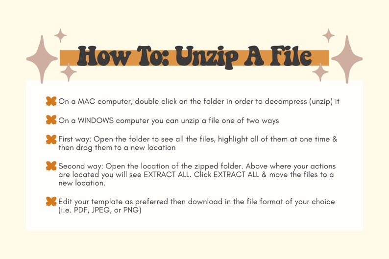 May include: A brown and orange graphic with the text "How To: Unzip A File" in bold, white letters. The graphic provides instructions on how to unzip a file on a Mac or Windows computer.