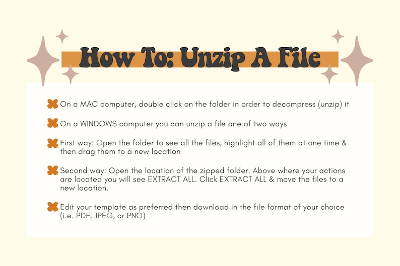 K&ouml;nnte beinhalten: Eine braune und orangefarbene Grafik mit dem Text "How To: Unzip A File" in fetten, wei&szlig;en Buchstaben. Die Grafik enth&auml;lt Anweisungen zum Entpacken einer Datei auf einem Mac- oder Windows-Computer.