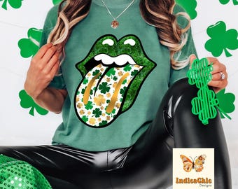 St Patricks Day Tongue Out Lips PNG, Shamrock Glitter Sublimation, St Patricks Day Design, Tongue Out Graphic for Tee, Pattys Day PNG Design