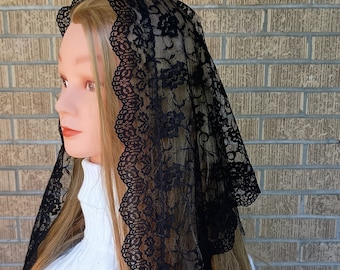 Genevieve Veil, black, triangular Catholic mantilla, chapel veil