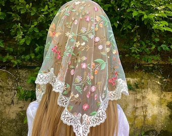 St. Natalia Veil, pink, floral, triangular Catholic mantilla, chapel veil