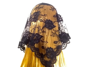 Velo de Santa Brígida, negro, mantilla católica triangular, velo de capilla