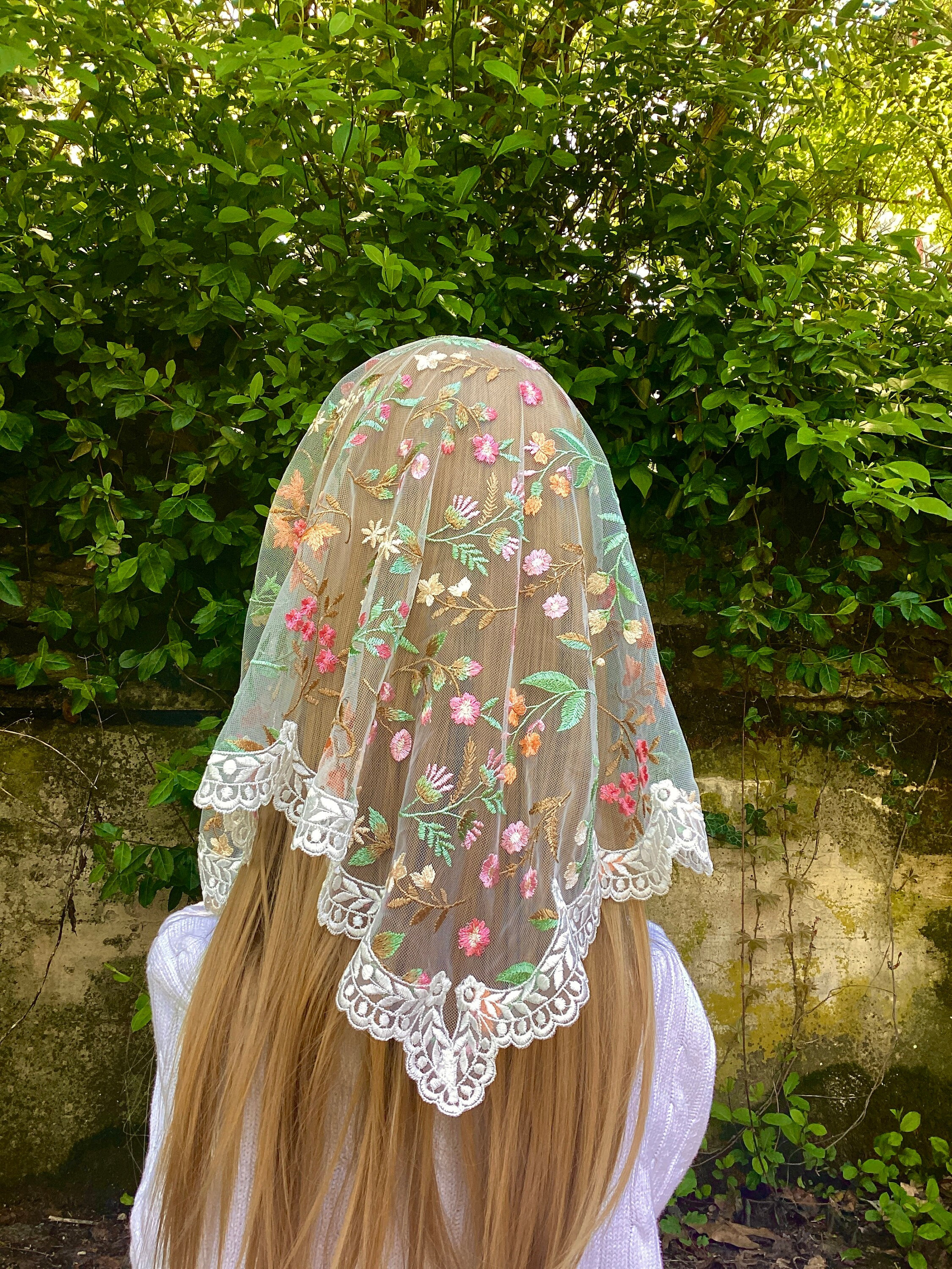 St. Natalia Veil, Pink, Floral, Triangular Catholic Mantilla
