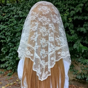 May include: Ivory lace veil with a floral pattern. The veil is draped over the head and shoulders, with the wearer's long, light brown hair visible. The background is a lush green foliage.
