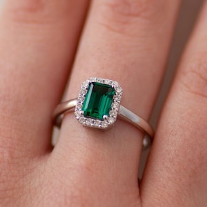 1 Carat Square Emerald Cut Statement Ring, Halo Diamond Ring, 14k Yellow Gold Ring, Gift For Her
