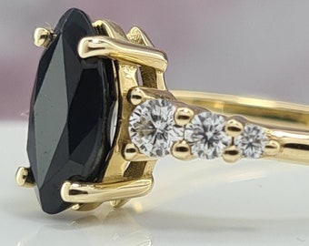 Modern Stunning Marquise Engagement Ring Black Sapphire Unique Ring