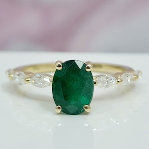 Colombian Emerald and Lab Diamonds Oval Engagement Ring 14k Solid Gold