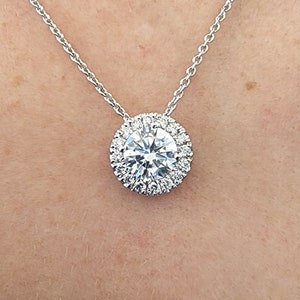 1 Carat Halo Diamond Necklace in 14k Solid White Gold 15"-17" Chain CVD Lab Grown Pendant.