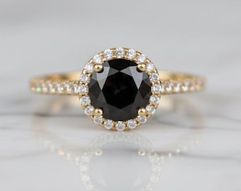 14K Gold Black Spinel Halo Ring, Diamond Accent
