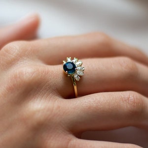 London Blue Topaz Ring Round Cut, Half Halo Setting, 14K Solid Gold.