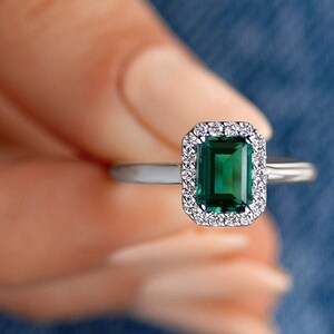 Classic Green Emerald and Diamonds Engagement Statement Ring