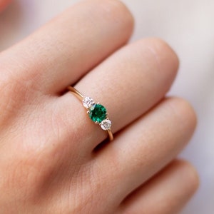 Emerald Ring Round Cut 2 Side Diamonds 14K Yellow Gold Engagement Ring Green Gemstone For Her.
