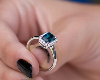 Natural Blue Topaz Emerald Cut Birthday Ring Gift Classic For Christmas.