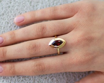 14K Gold Marquise Garnet Ring, Art Deco Promise Ring